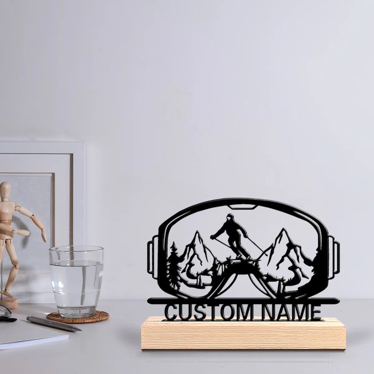 1pc Fun Personalized Custom Skiing Ski Goggles Metal Statues With Wooden Base Perfect for Bedrooms Birthdays Christmas Gifts