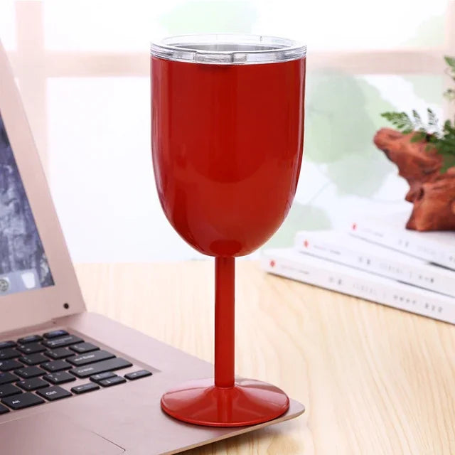 10oz Goblet Wine Cup With Seal Lid Double Wall Stainless Steel Tumbler Champagne Layer Cocktail Mug For Christmas Party
