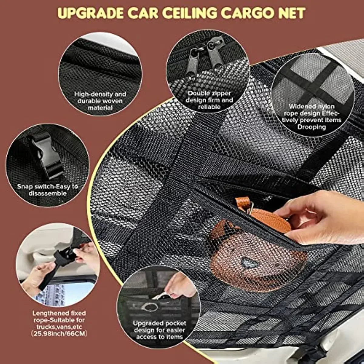 Upgrade Car Ceiling Cargo Net Pocket31.5"x21.6" Strengthen Load-Bearing and Droop Less Double-Layer Mesh  Roof Storage Organizer