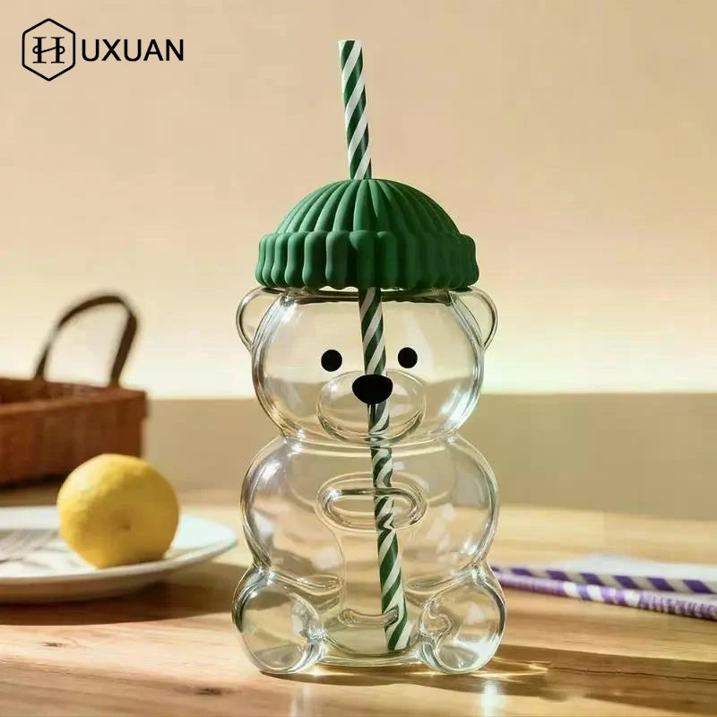 Cartoon Bear Shaped Coffee Mug Cute Bear Mug Plastic Cup With Straw Transparent Creative Milk Coffee Water Cups