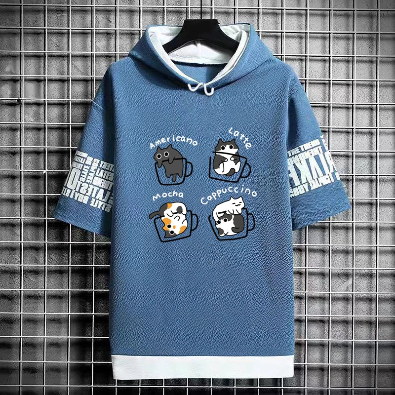Harajuku Men's T-Shirt Hoodie Women Cartoon Cat Print Graphics T-Shirt Streetwear Funny Shirt Korean Fashion Short Sleeve Tops