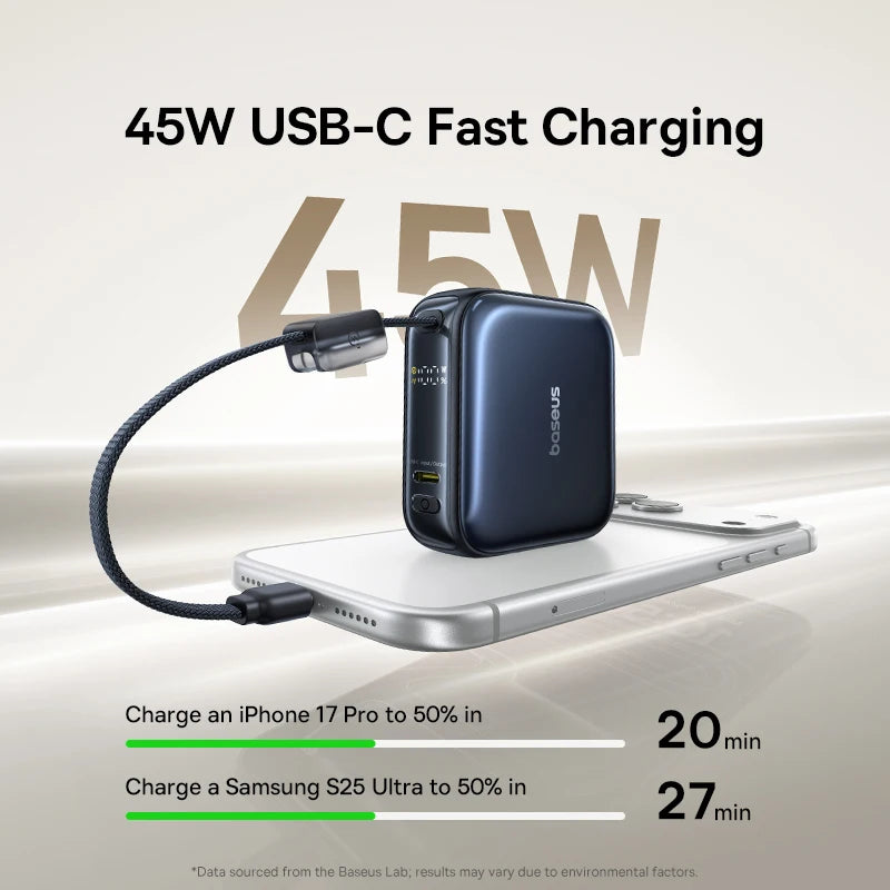 Baseus 45W Mini Power Bank 10000mAh Built-In USB-C Cable Pocket-Sized Smaller Fast Charging Portable For iPhone 17 Samsung S25