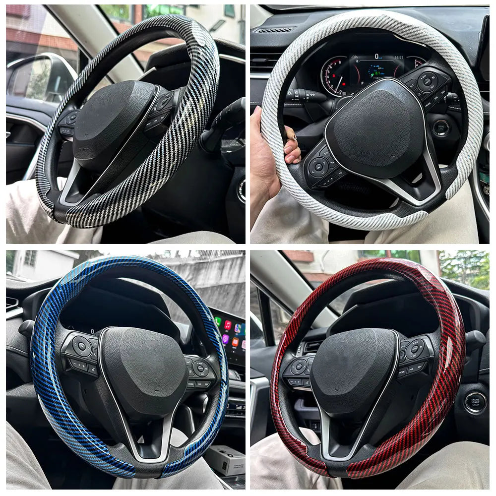 2025 New Universal Non-slip Luster Luxury Carbon Fiber Breathable Round Car Steering Wheel Cover Protector Auto Accessories
