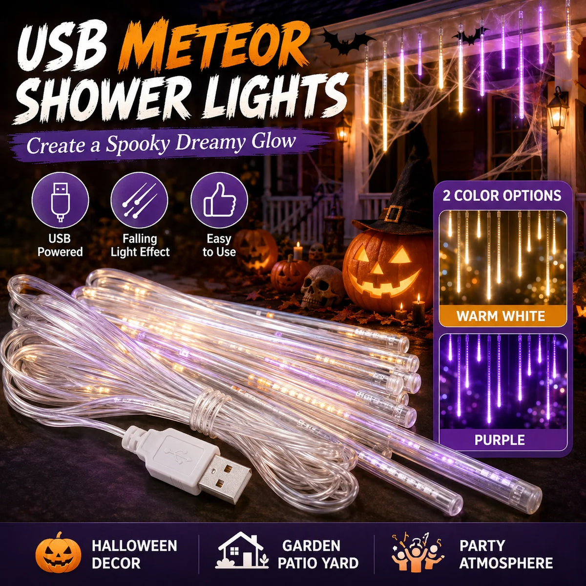 LED String Lights Meteor Shower Falling Rain Tube Lights USB Powered Warm White Purple for Garden Patio Yard Halloween Decor