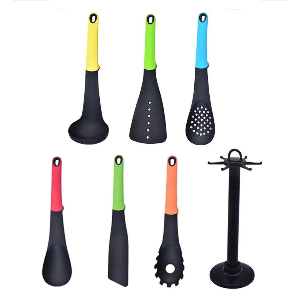 7Pcs/Set Heat-resistant Cooking Spatula Set Nylon with Storage Rack Kitchen Utensils Set Non Stick Colorful Slotted Spoon