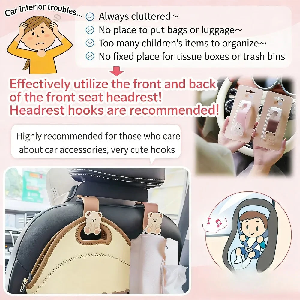 2PCS Car Back Seat Headrest Hooks for Purses & Bag Headrest Hanger Vehicle Cute Bear Bunny Storage Hook Universal Organizer