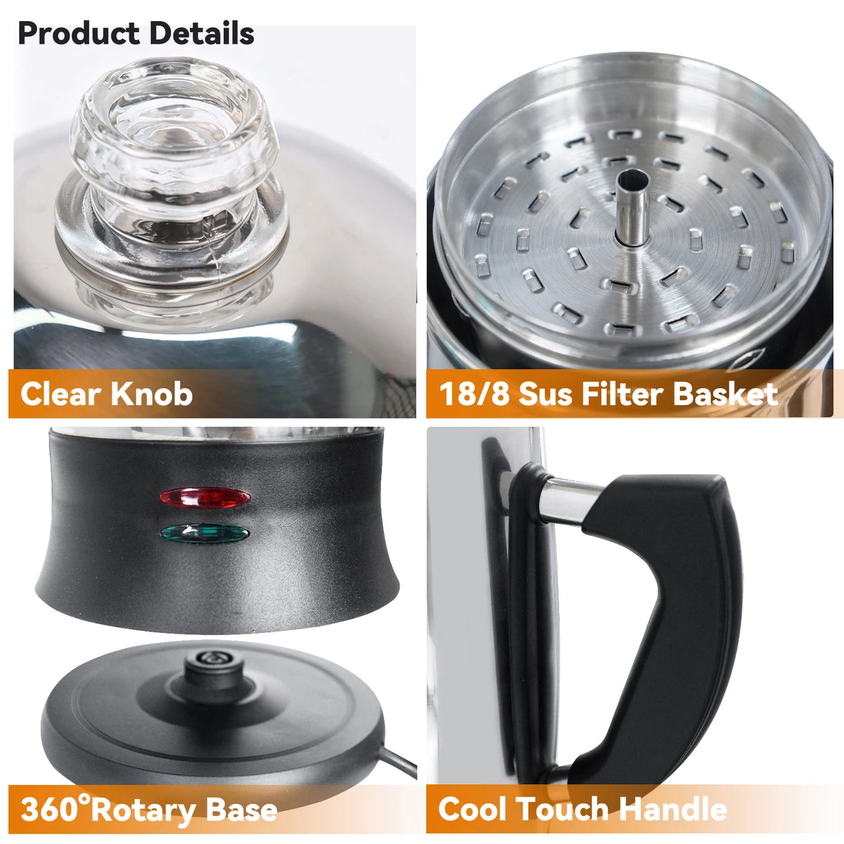 Electric Coffee Percolator 1.8L 12 Cup 304 Stainless Steel Coffee Maker Keep Warm Fast Brew Filter Pot For Home Camping Office