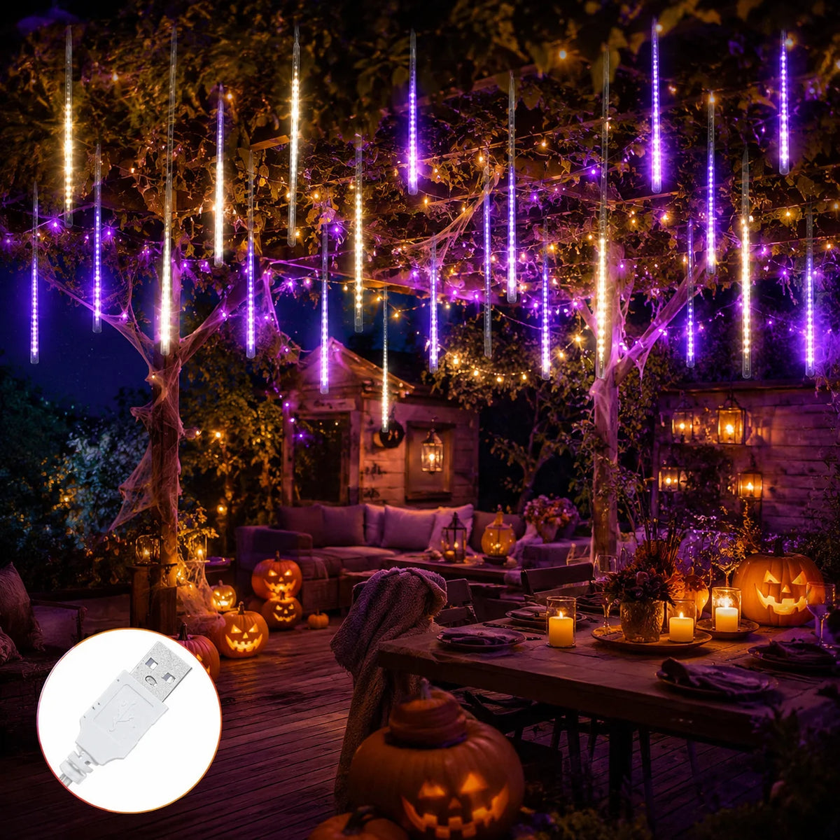 LED String Lights Meteor Shower Falling Rain Tube Lights USB Powered Warm White Purple for Garden Patio Yard Halloween Decor