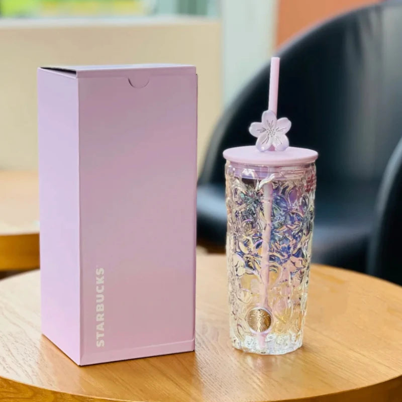 Starbucks 575ml Iridescent Sakura Glass Tumbler, Embossed Texture, Pink Lid & Cherry Blossom Straw Topper Starbucks Cup