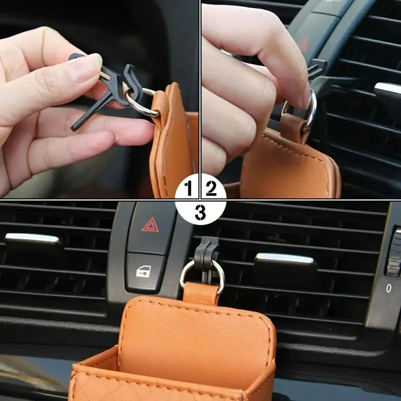 Car Storage Bag Car Air Outlet Debris Bag For Mobile Phone Key Sunglasses Vent Dashboard Tidy Hanging Leather Organizer Box 1pc