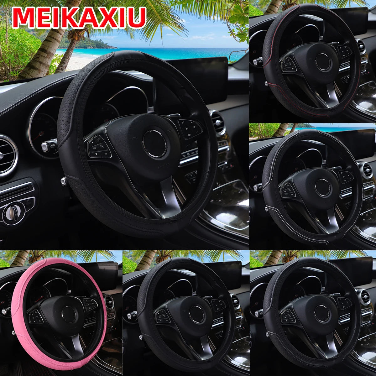 PU Leather Embossed Steering Wheel Cover 14.5-15 Inch round Rimless Design for All Seasons Men Women Cars