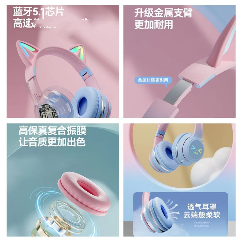 Gradient wireless Headphones RGB cute cat ear Bluetooth Earphones with microphone Stereo Music Game Earphone Girls Kids Gifts