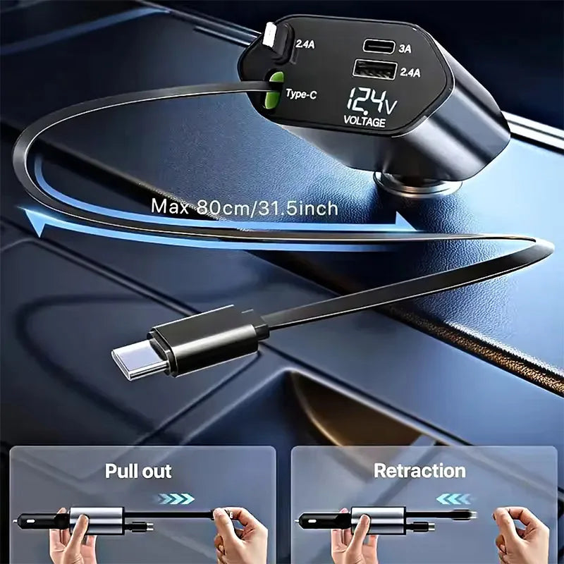 4 in 1 120W Car Charger Retractable Car Cigarette Lighter Adapter USB Type C Fast Charger Cable for IPhone Xiaomi POCO Samsung