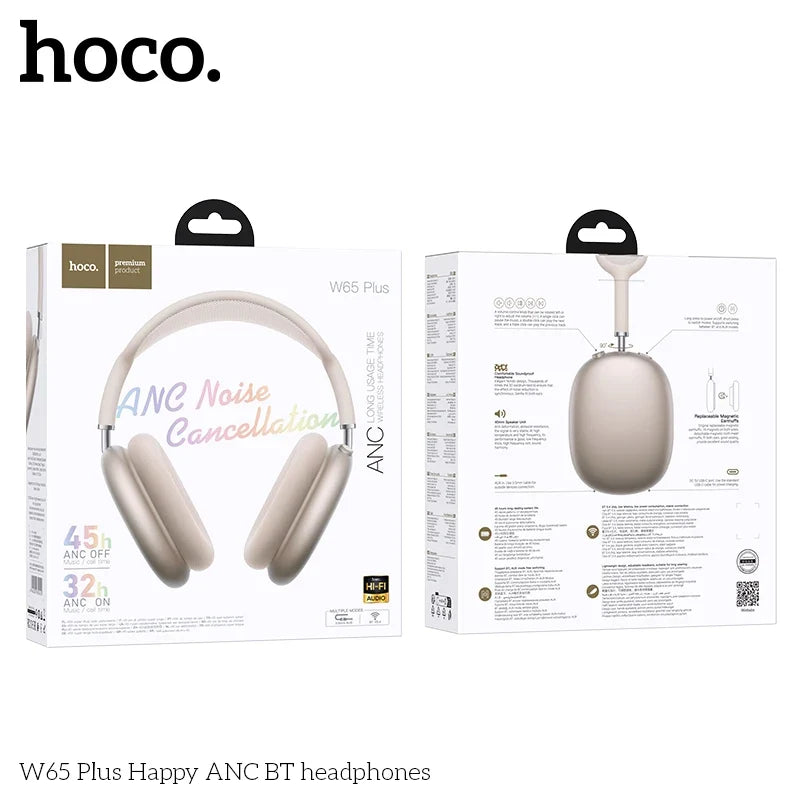 HOCO W65 Plus ANC Noise Reduction Bluetooth Headphones Over The Ear Wireless Big Earphone Hifi Sounds Sport Headsets With Button
