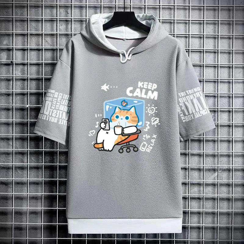 Harajuku Men's T-Shirt Hoodie Women Cartoon Cat Print Graphics T-Shirt Streetwear Funny Shirt Korean Fashion Short Sleeve Tops