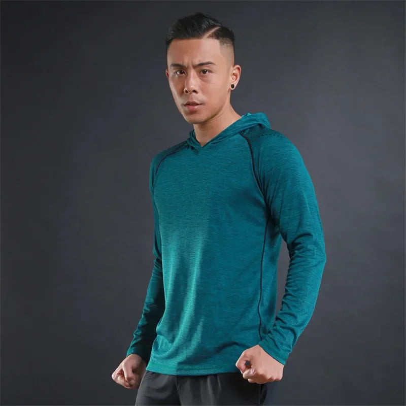 Men Elastic Hooded T Shirt Breathable Casual Gym T-Shirt Man Long Sleeve Running Tops Quick Dry Fitness T-Shirts Male Clothes