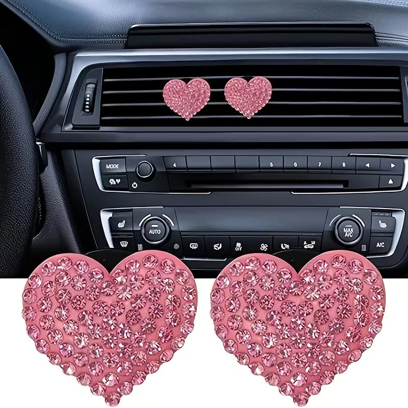 Valentine's Day Exclusive 2-Pack Sparkling Crystal Heart Car Air Vent Freshener Clips – Creative Car Interior Decor