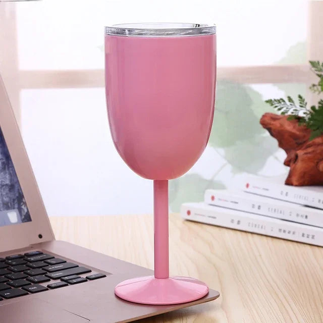 10oz Goblet Wine Cup With Seal Lid Double Wall Stainless Steel Tumbler Champagne Layer Cocktail Mug For Christmas Party