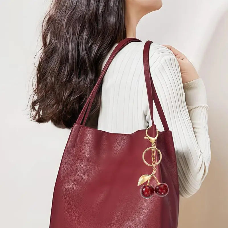 Glitter Resin Cherry Keychain, Golden Hardware Bag Charm, Elegant Retro Fruit Pendant for Handbag and Car Key Decoration
