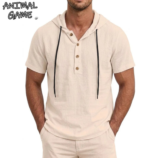 Summer Mens Linen Hooded Shirts for Men Lightweight Short Sleeve Casual T-Shirts Button Cotton Hoodie Hawaiian T Shirts for Men