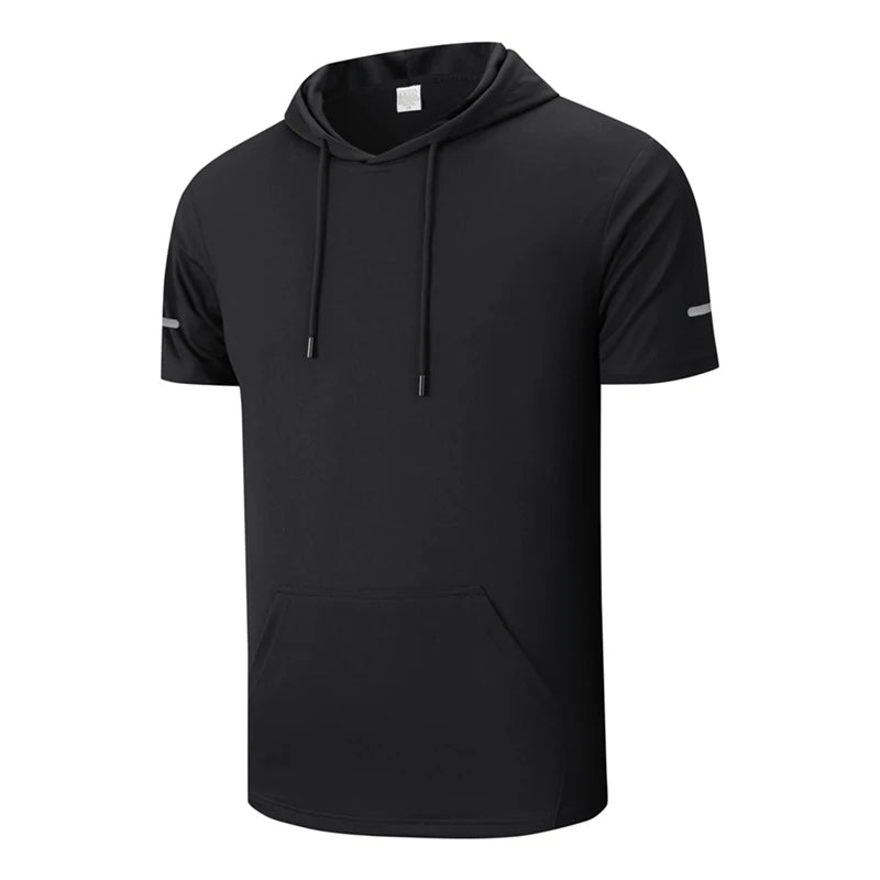 Men Hooded T Shirt Sports Fitness Gym T Shirt Short Sleeve Hoodie Summer Sweatwear Loose Solid Color Lightweight T-shirt