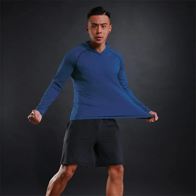 Men Elastic Hooded T Shirt Breathable Casual Gym T-Shirt Man Long Sleeve Running Tops Quick Dry Fitness T-Shirts Male Clothes
