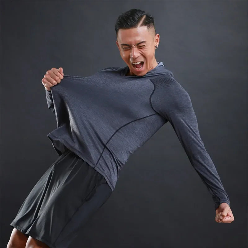 Men Elastic Hooded T Shirt Breathable Casual Gym T-Shirt Man Long Sleeve Running Tops Quick Dry Fitness T-Shirts Male Clothes