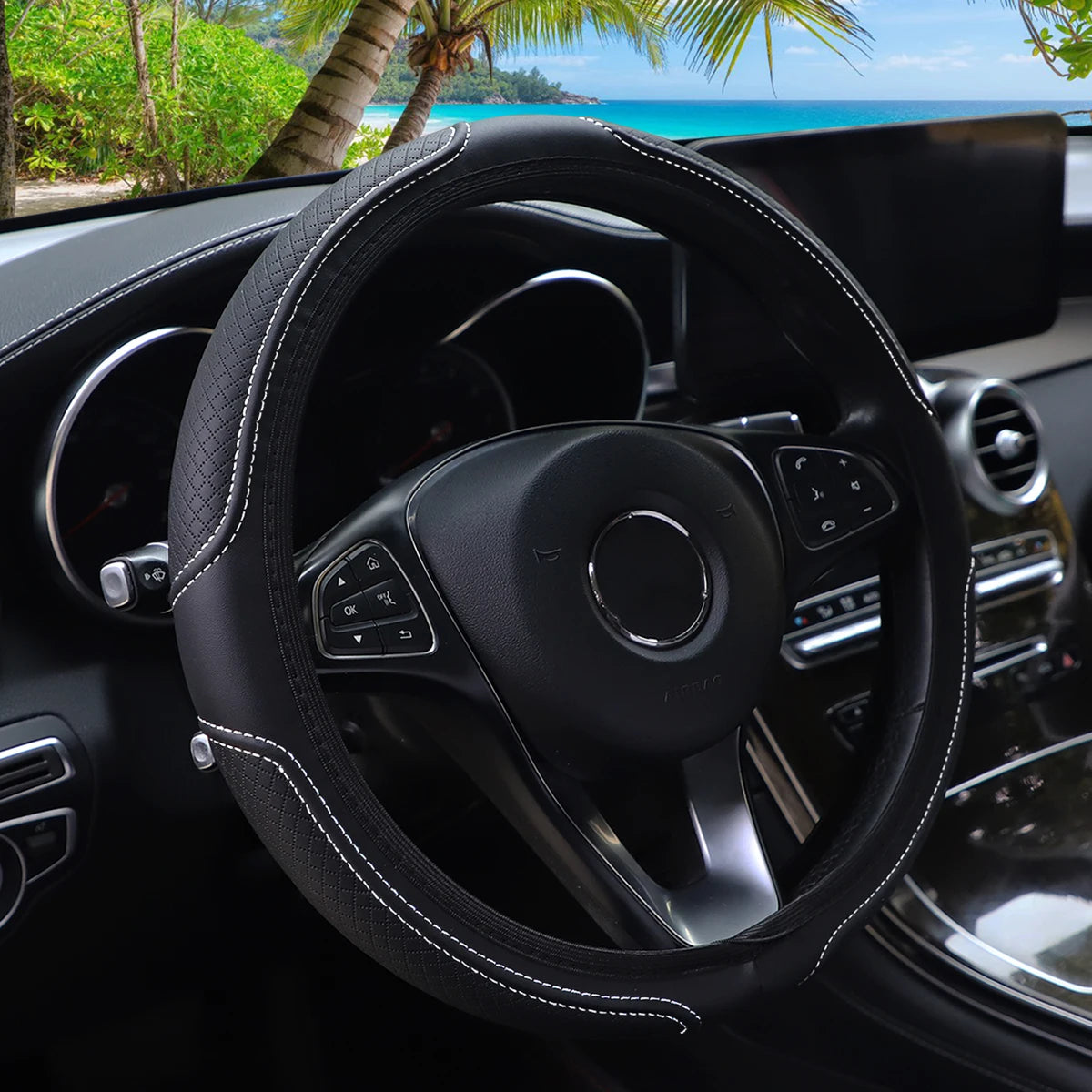 PU Leather Embossed Steering Wheel Cover 14.5-15 Inch round Rimless Design for All Seasons Men Women Cars