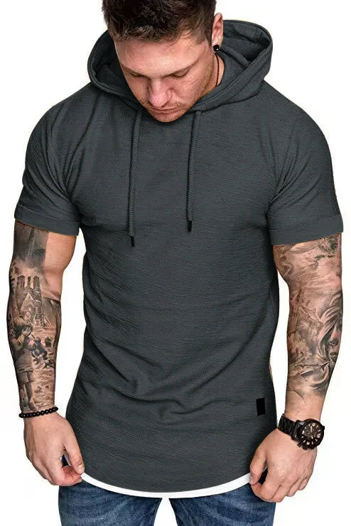 New men's summer hooded T-shirt Men's solid color top men's short sleeve T-shirt Hoodie casual fashion men's short sleeve