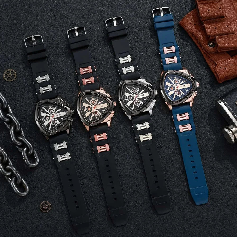 Men Universal Casual Quartz Watch Multifunctional Polygonal Three-Eye Dial Silicone Strap Auto Date Wristwatch Men Festival Gift