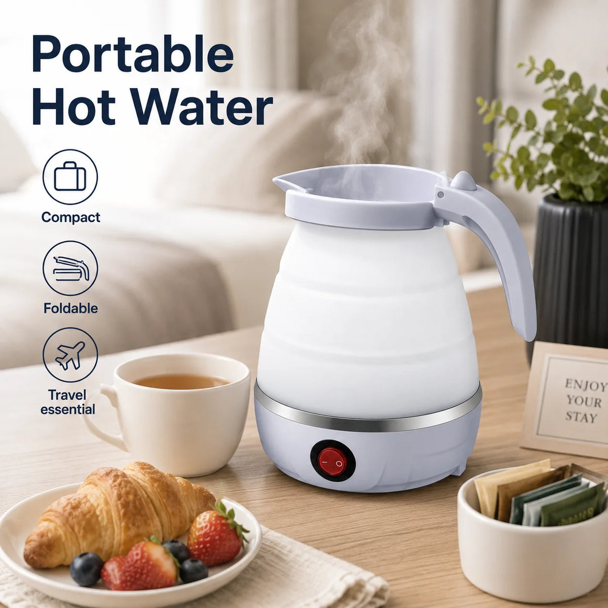 600ml Collapsible Electric Travel Kettle – Foldable, for Camping and Caravanning, with Silicone Handle