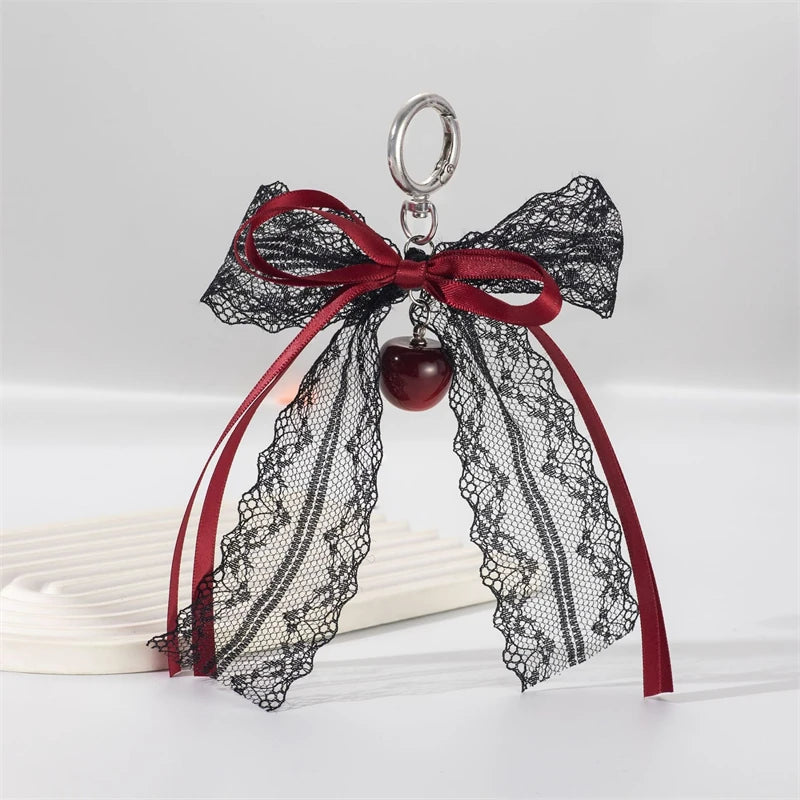 Lace bow Keychain Hollow Red Ribbon Cherry Pendant Women Handbag and Backpack Key Chain Exquisite Ornament Holiday Gift Decor