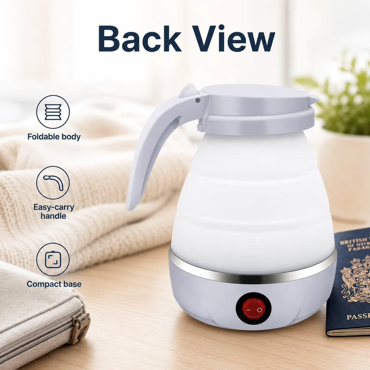 600ml Collapsible Electric Travel Kettle – Foldable, for Camping and Caravanning, with Silicone Handle