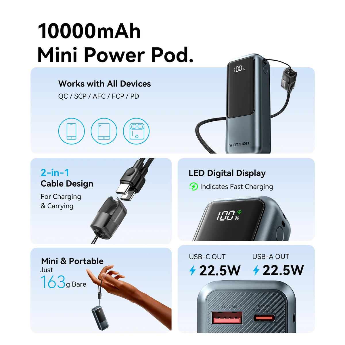 Vention 10000mAh Mini Power Bank 22.5w Portable Charger Built-in USB C Cable PD 3.0 Fast Charging for iPhone 17 Samsung S25 S24