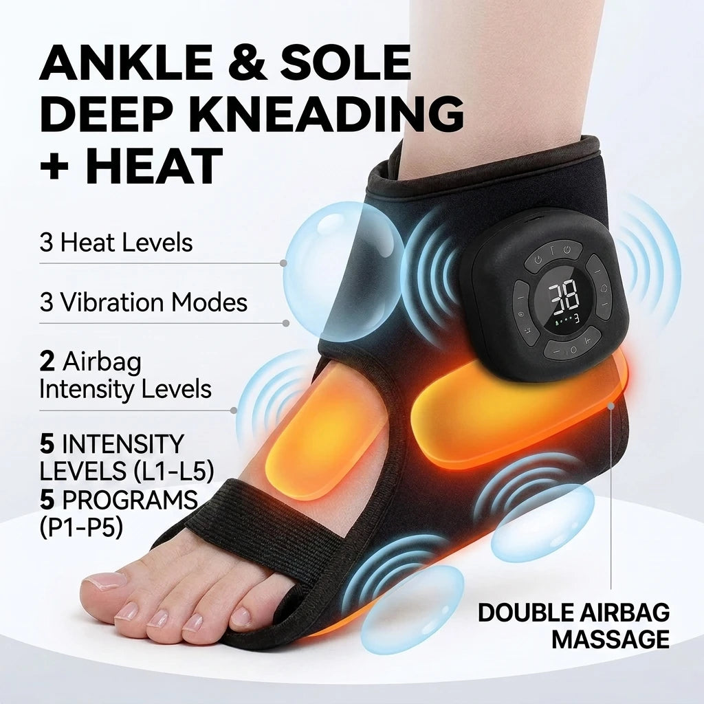 Ankle Foot Air Massager 3 Modes 5 Levels Wrap Cordless 1200mAh Vibrating Warming Sleeve Support Rechargeable Compress Joint Cuff
