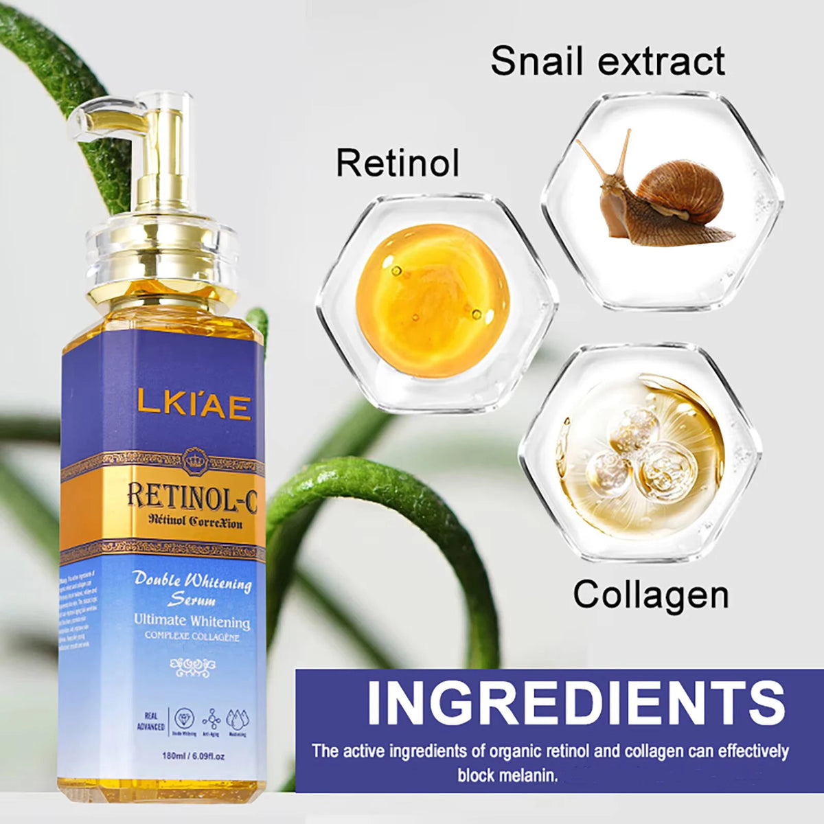 LKIAE Retinol Whitening Serum, Anti Dark Spots, with Collagen, Snail Extract, Improve Dull Uneven Skin Tone Essence, 180ml