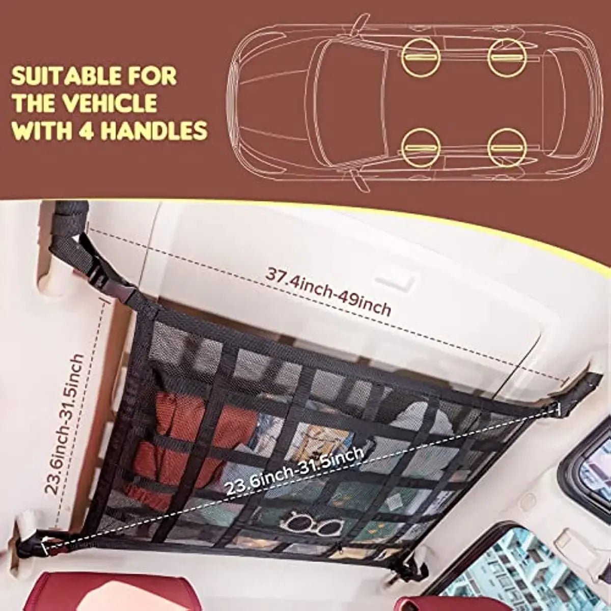 Upgrade Car Ceiling Cargo Net Pocket31.5"x21.6" Strengthen Load-Bearing and Droop Less Double-Layer Mesh  Roof Storage Organizer