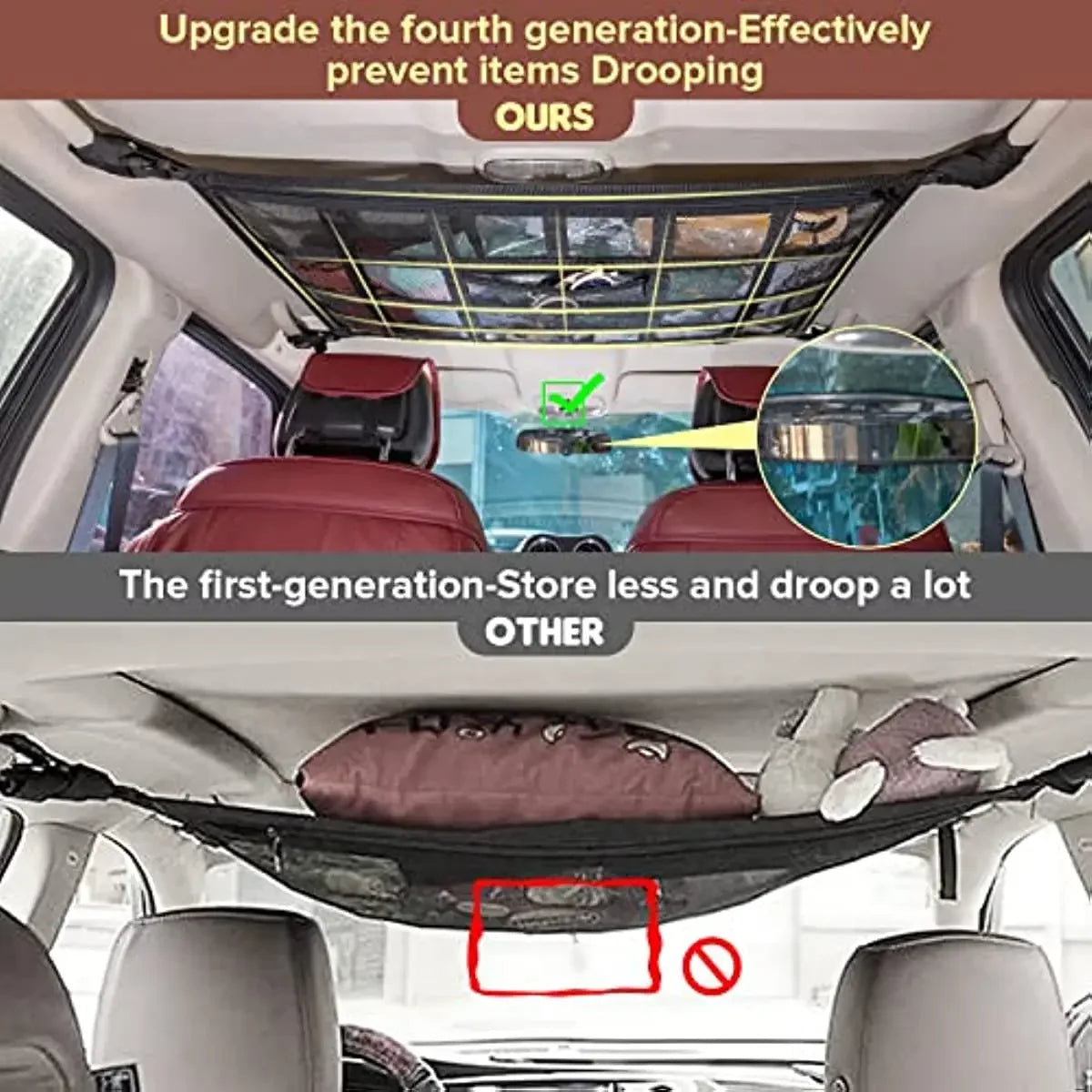 Upgrade Car Ceiling Cargo Net Pocket31.5"x21.6" Strengthen Load-Bearing and Droop Less Double-Layer Mesh  Roof Storage Organizer