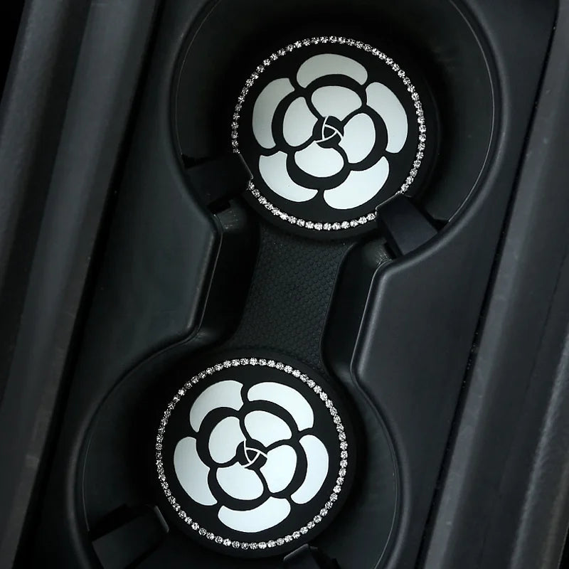 1PC Car Water Cup Pad Creative Diamond Inlaid Camellia Flower Storage Tank Non-Slip Mat Interior Decoration Products For Women