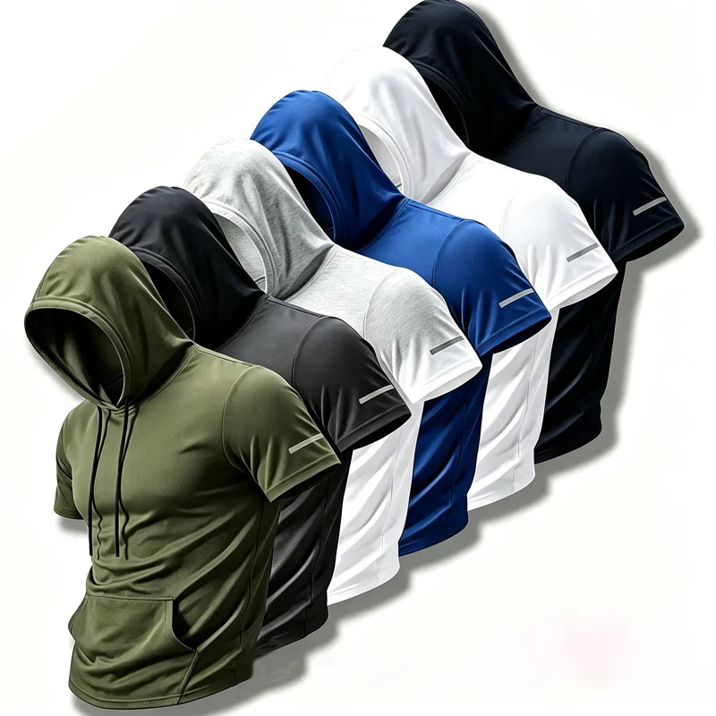 Men Hooded T Shirt Sports Fitness Gym T Shirt Short Sleeve Hoodie Summer Sweatwear Loose Solid Color Lightweight T-shirt