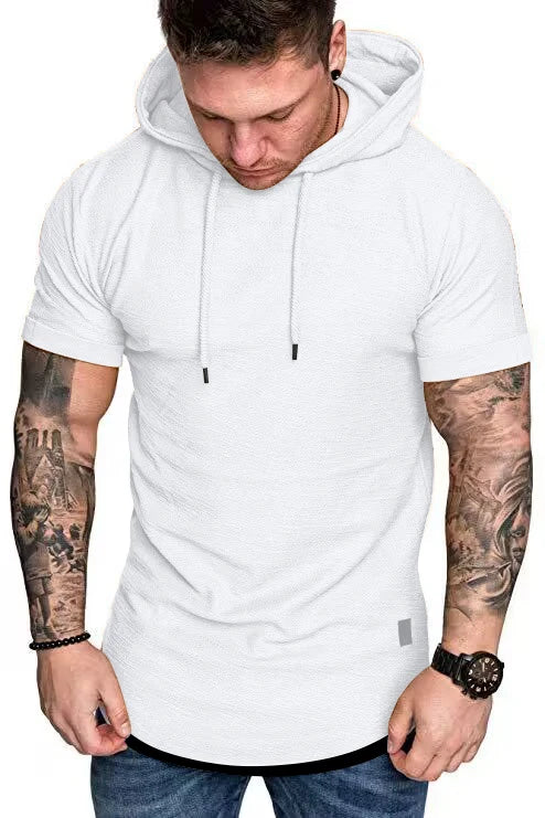 New men's summer hooded T-shirt Men's solid color top men's short sleeve T-shirt Hoodie casual fashion men's short sleeve