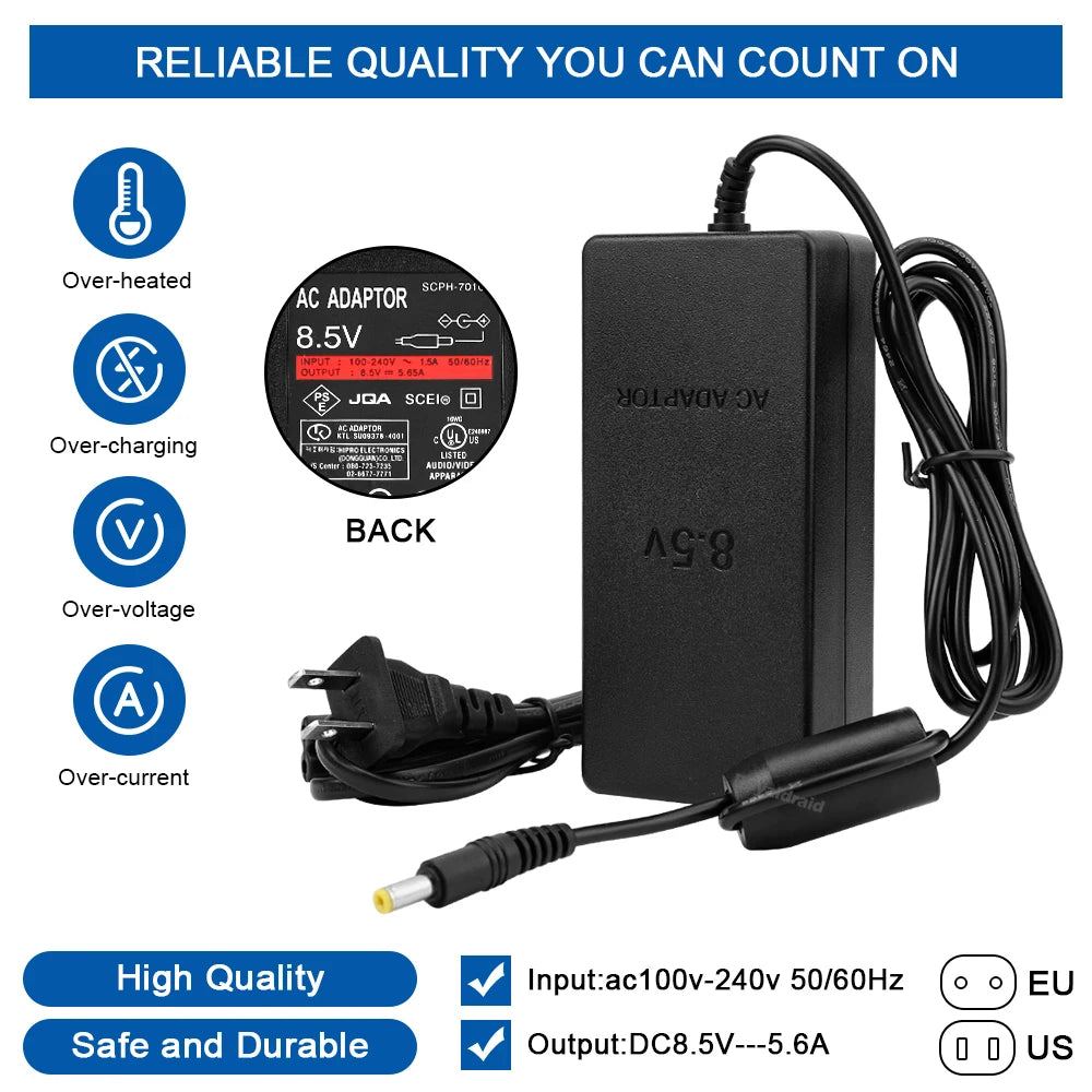 NEW EU US Plug Power Supply For PS2 Replacement AC Adapter Charger Cable Cord 100‑240V DC 8.5V for PS2 Slim 70000 Console
