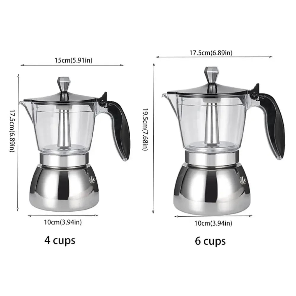 4/6 Cups Visible Moka Pot Transparent Pot Body Universal Coffee Maker Pot Stainless Steel Espresso Italian Coffee Machine